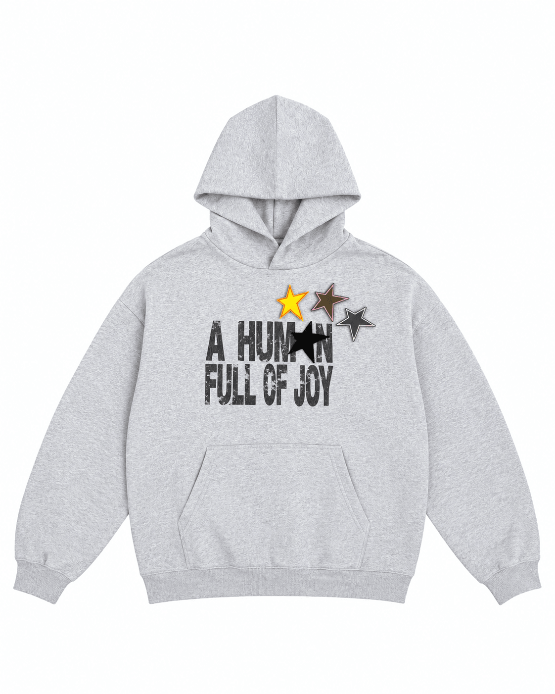 JOY HOODIE MUZO gris chiné oversize « A Human Full of Joy » avec étoile velcro, vue de face