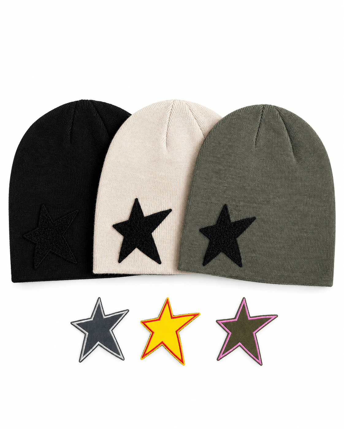 Bonnets STAR BEANIE MUZO noir, beige et kaki avec étoiles velcro interchangeables